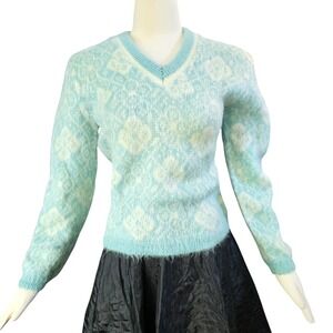 Vintage 1960s Icey Blue Mohair Sweater Wool Fuzzy V neck Rare‎ Collectors Sabra
